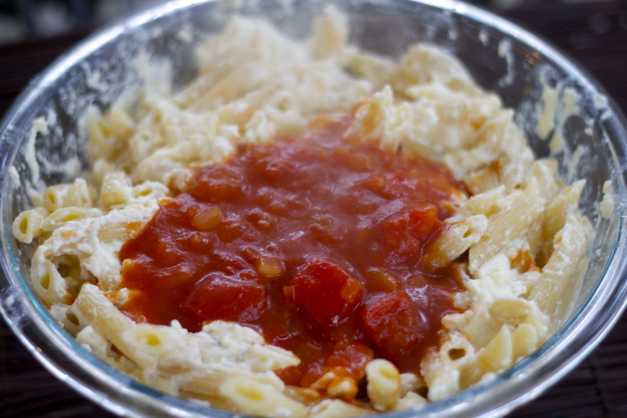 mixing in sauce