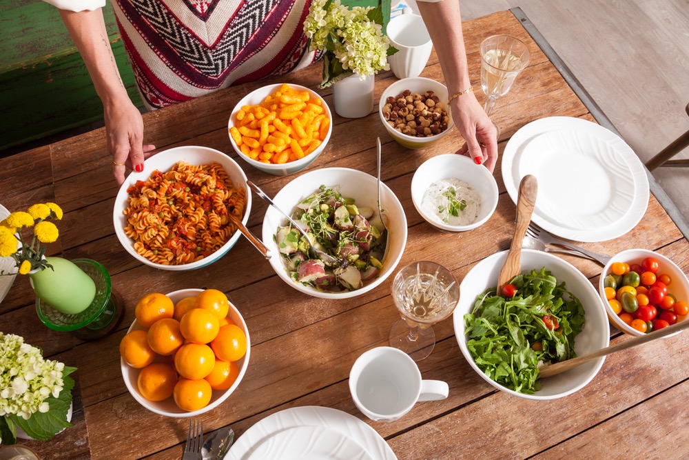 Assortment of dishes for easy holiday entertaining in retro bowls