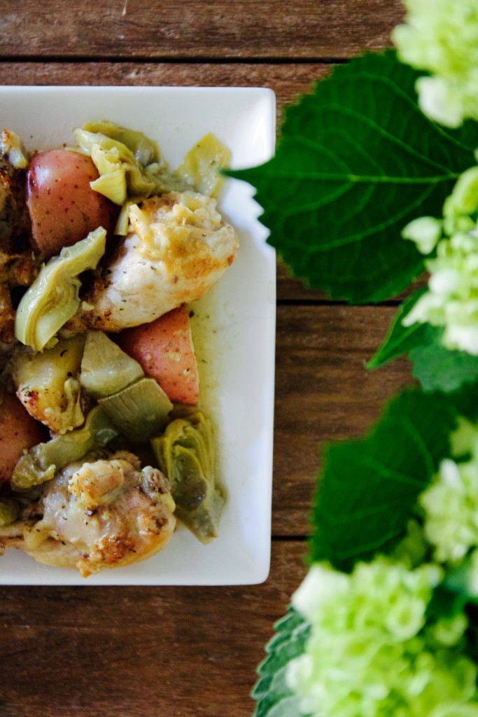 chicken, roast potato and artichoke one-pot dinner for easy entertaining