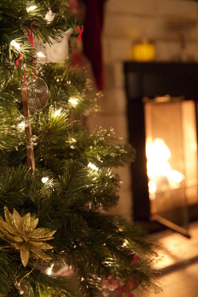 Christmas tree with fireplace in the background