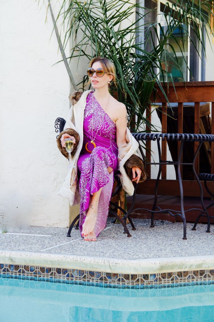 Jordan Reid in purple dress and Zara faux fur sweater
