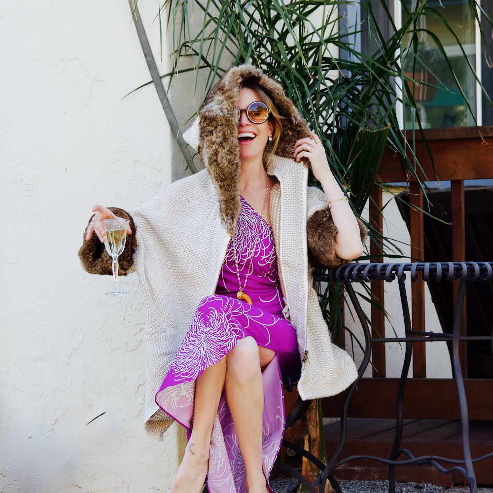 Jordan Reid in Zara faux fur sweater and vintage dress