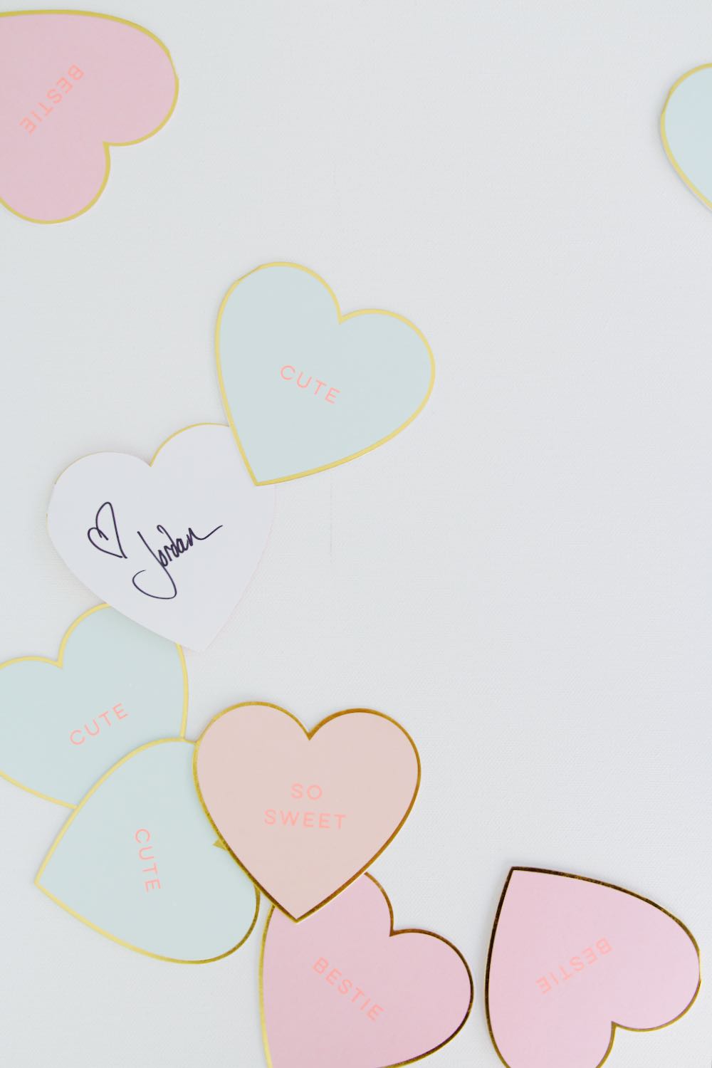 Heart notecards in pink, mint and gold for Valentine's Day