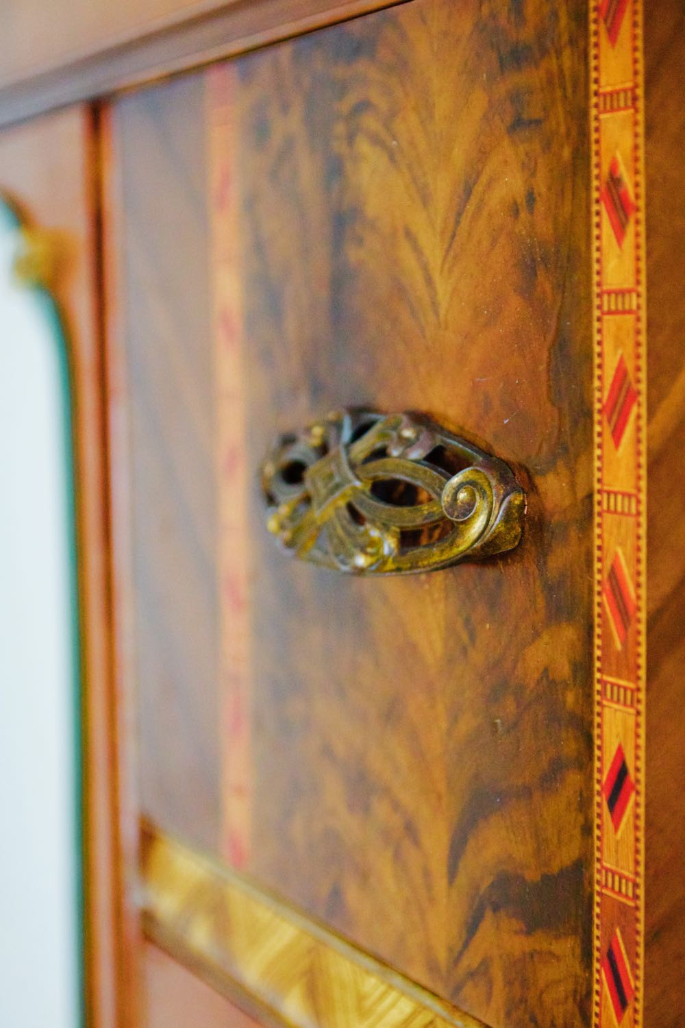 Hardware detail on a 1930s art deco cabinet