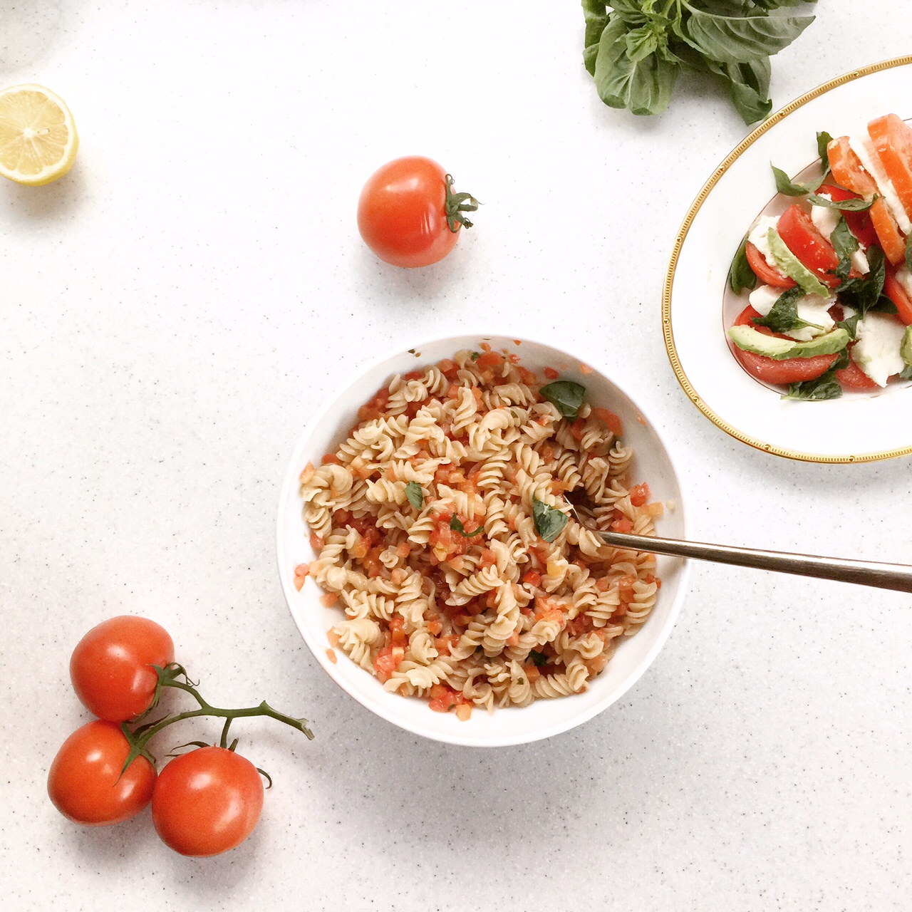 Gluten-free brown rice and quinoa pasta with bruschetta sauce