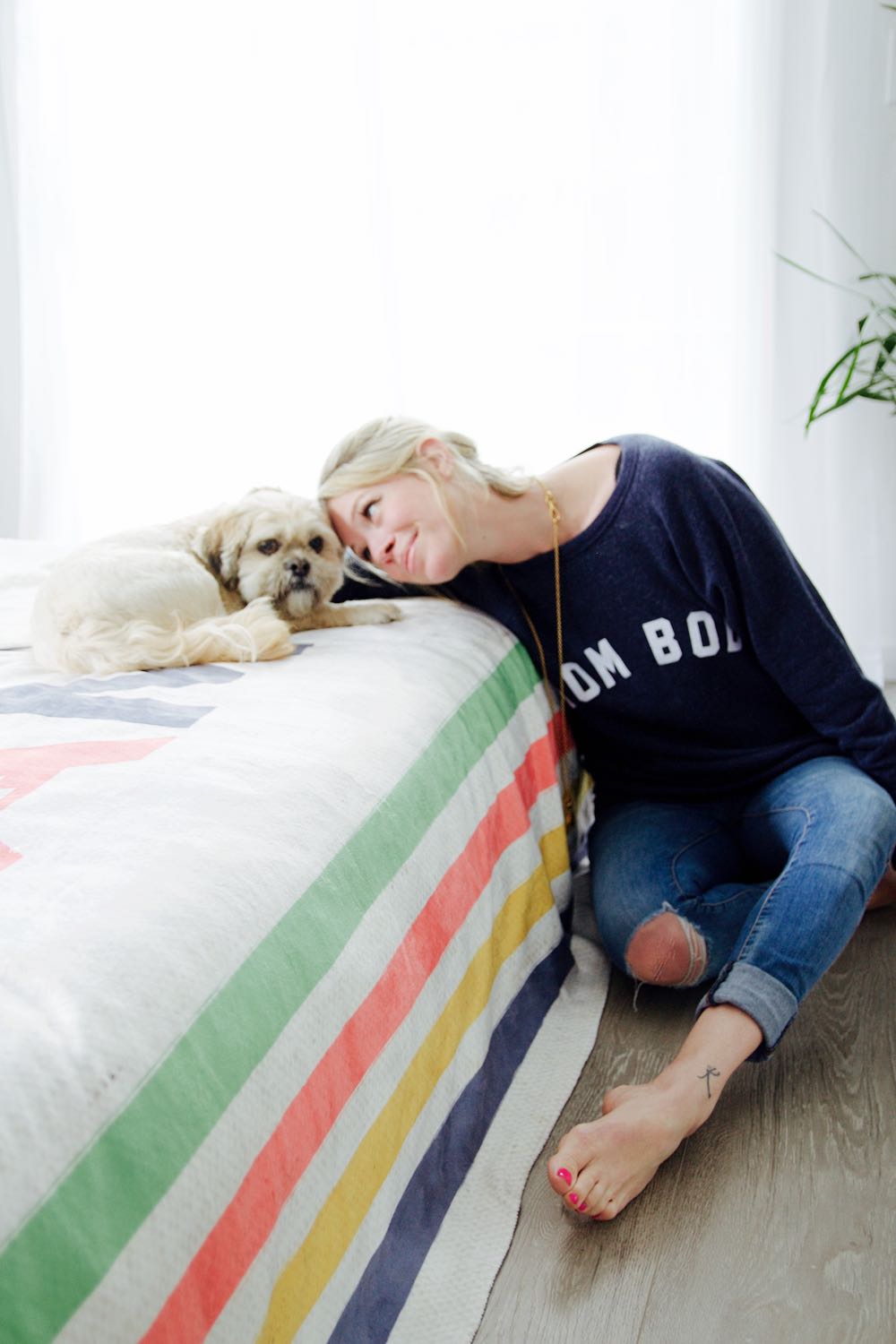 mom bod sweatshirt and lhasa apso dog