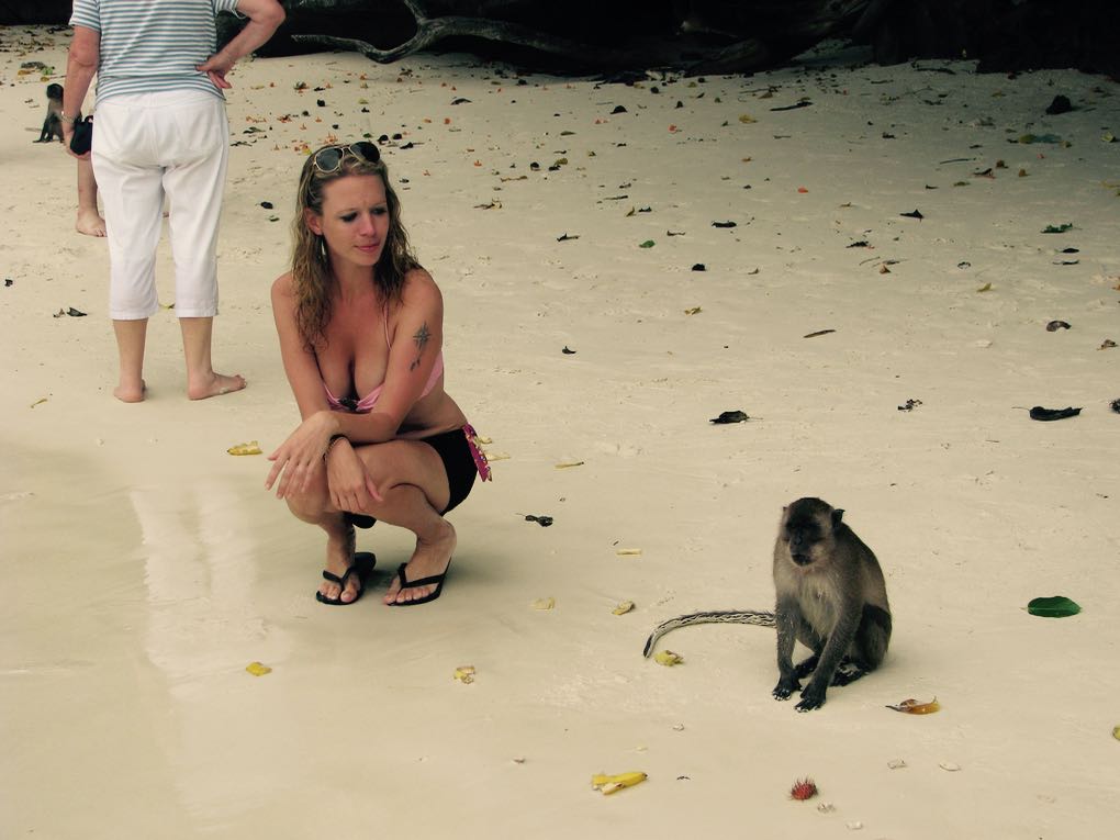 Nervously checking out monkeys in Phuket