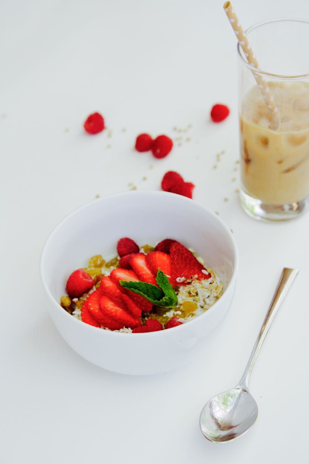 Homemade cold cereal breakfast bowl with berries