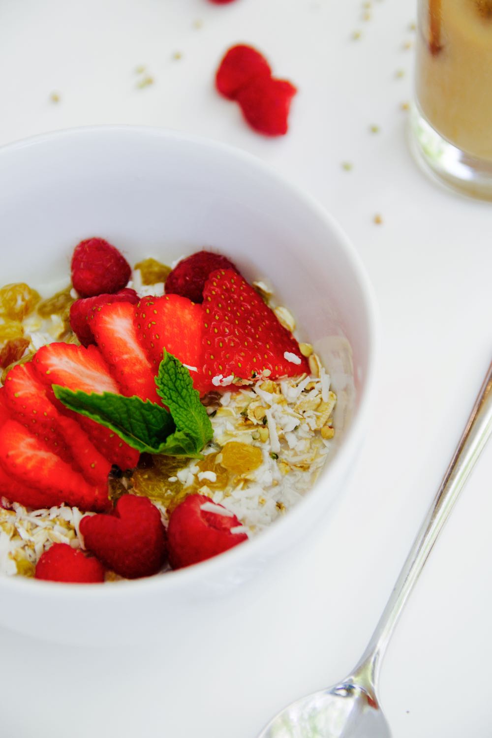 Homemade cold cereal breakfast bowl with berries