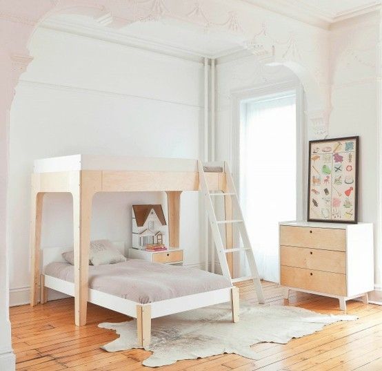 Bright white shared kids bedroom with simple bunkbeds