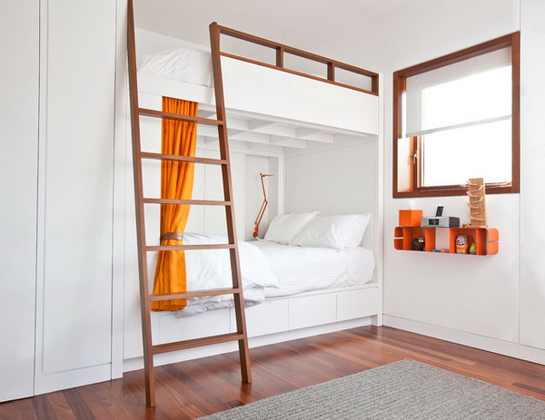 clean, white, modern shared kids room with bunkbeds
