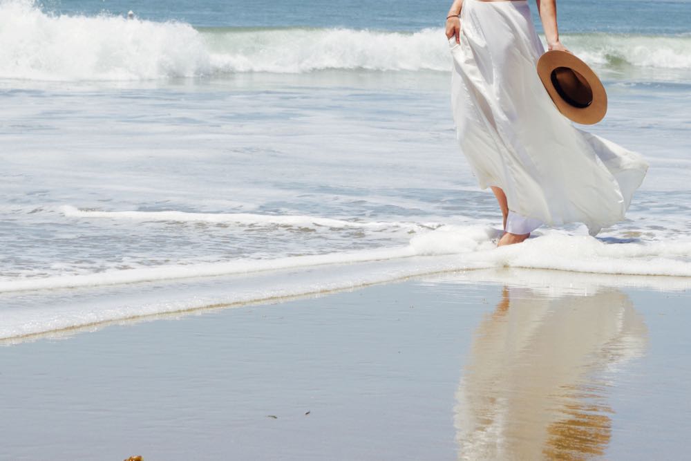 long white chiffon skirt on the beach