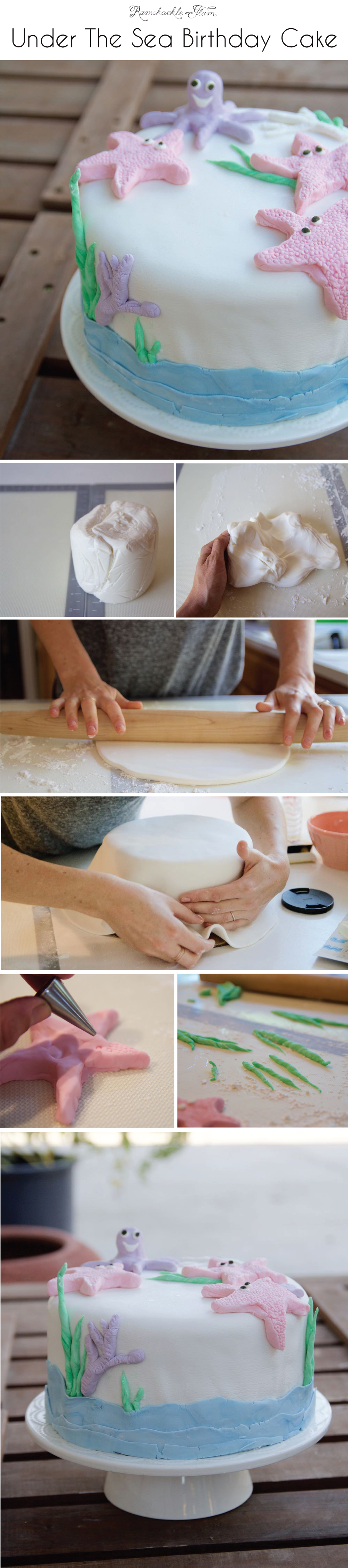 Step-by-step instructions for making a seashore-themed fondant round cake with starfish and octopus