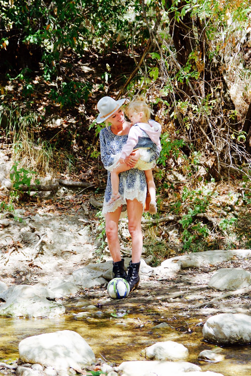family walk through the woods