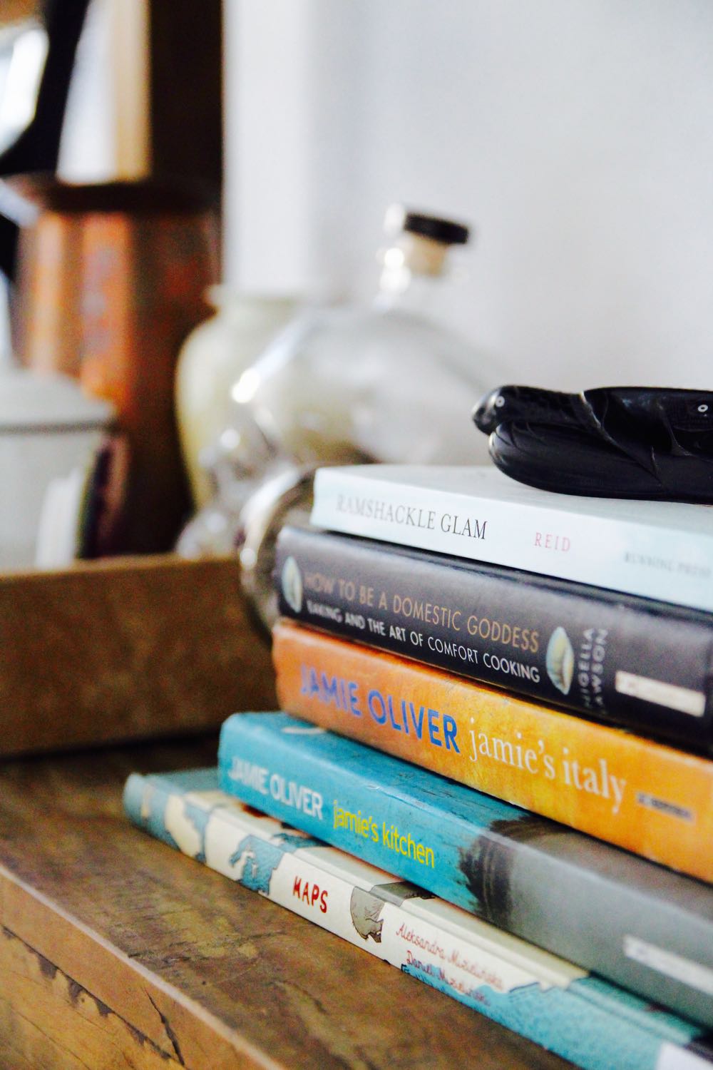 Stacking cookbooks on a dining room console