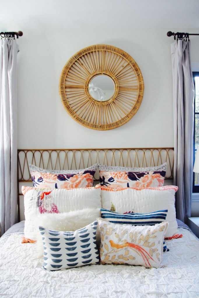 Beautiful boho bedroom with mirror