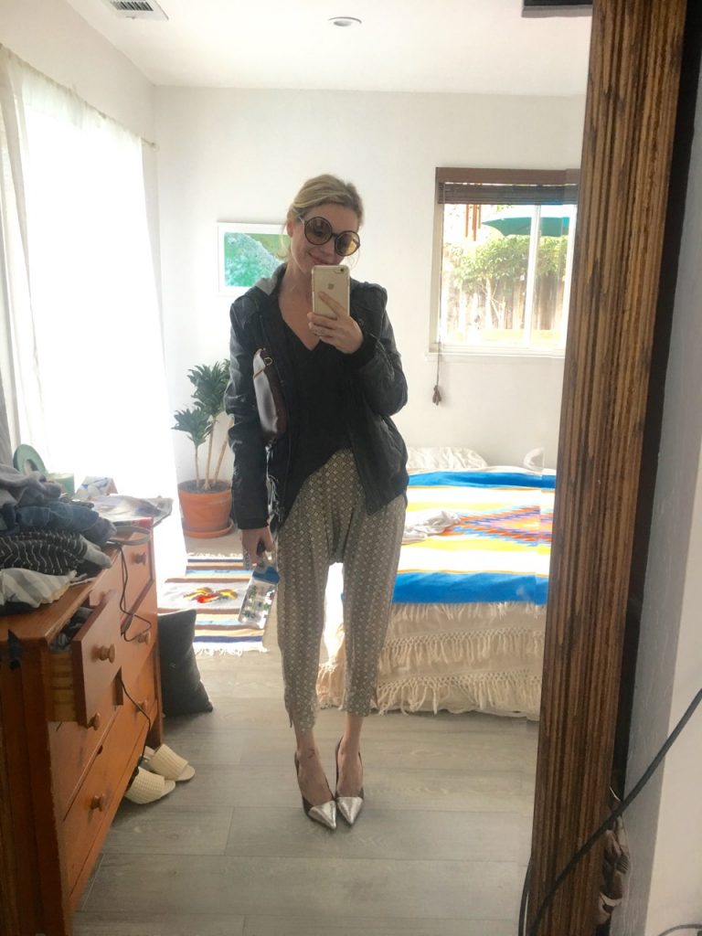 silk harem pants with pattern and heels