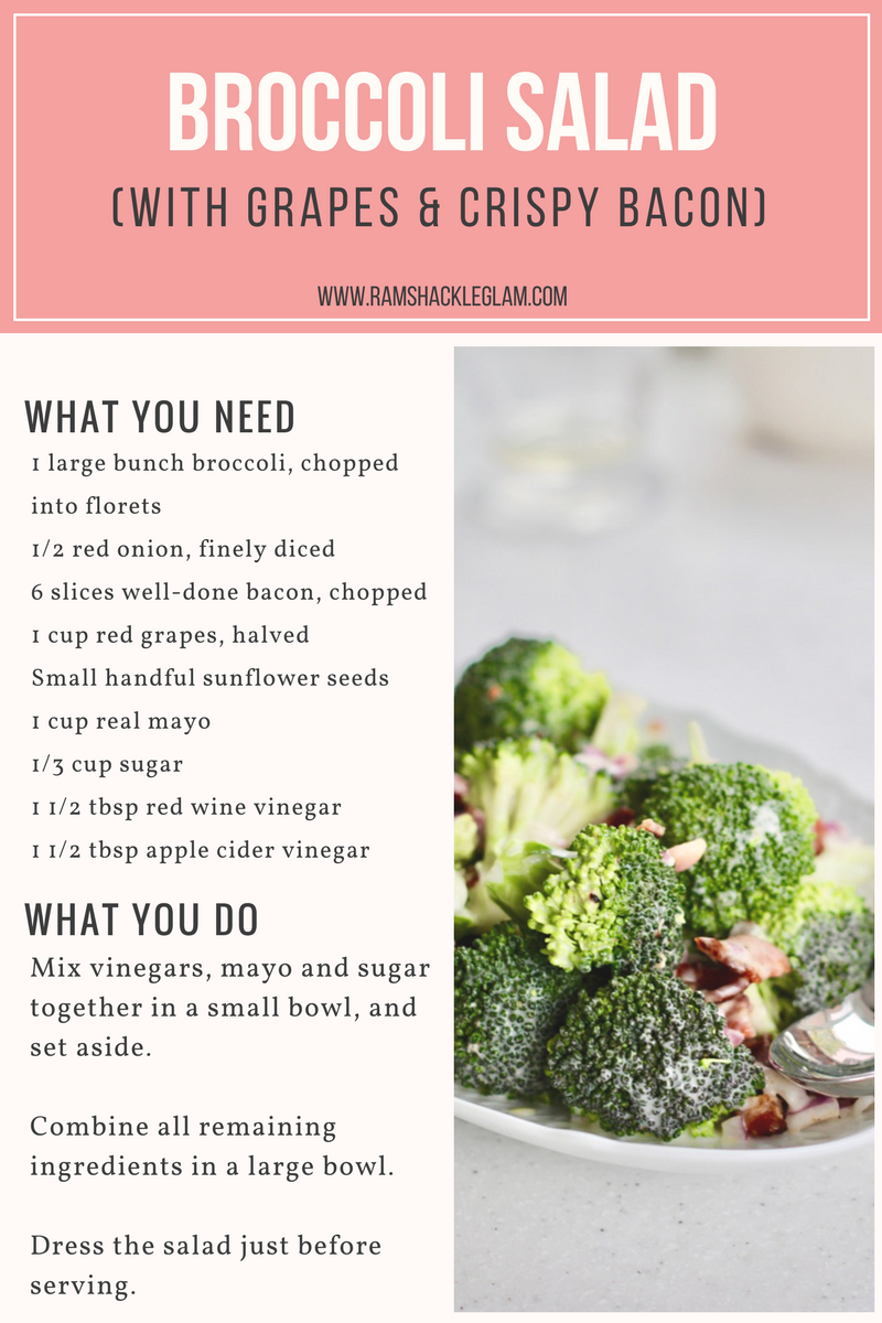 an easy recipe for broccoli salad with crispy bacon and red grapes