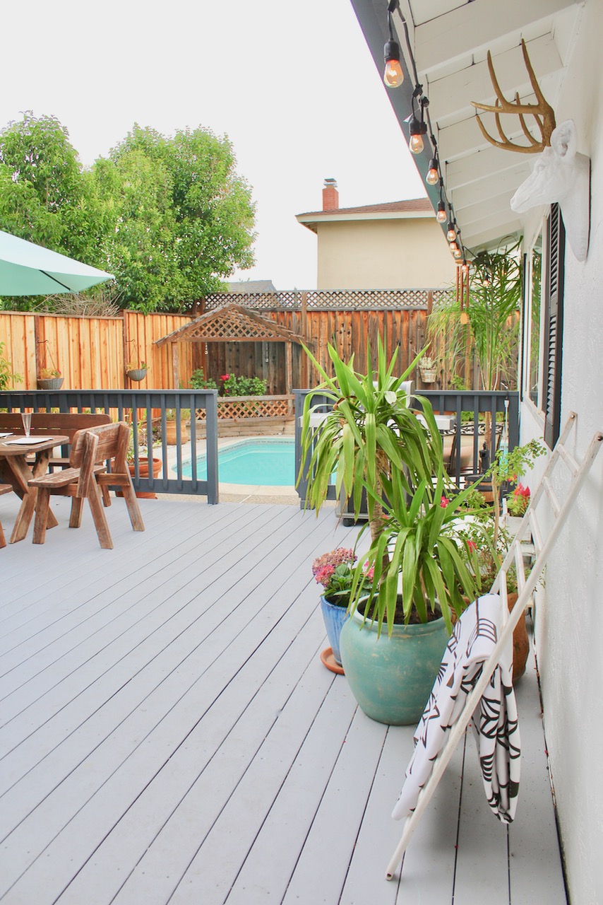 Light grey deck backyard makeover on a budget