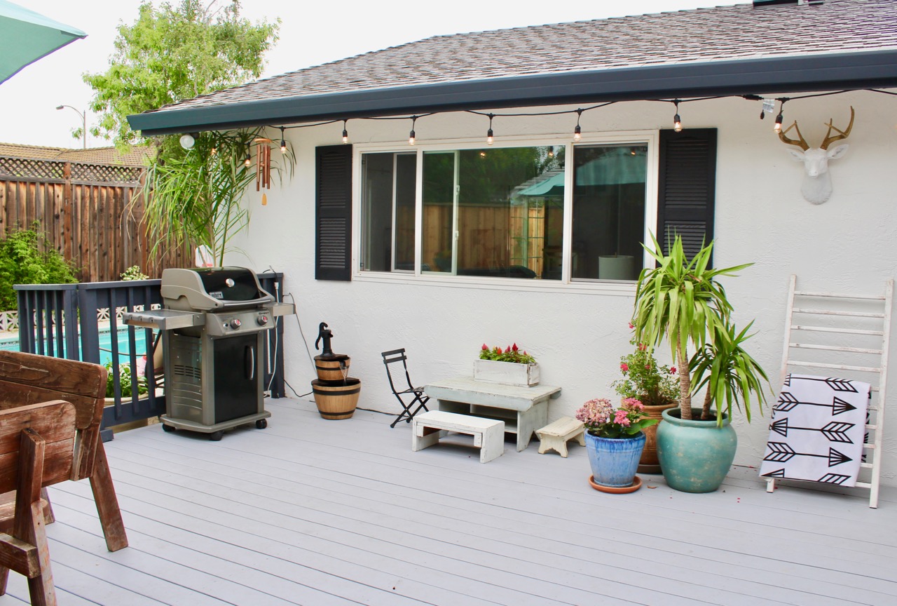 Light grey deck backyard makeover on a budget