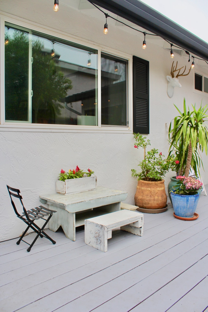 Light grey deck backyard makeover on a budget