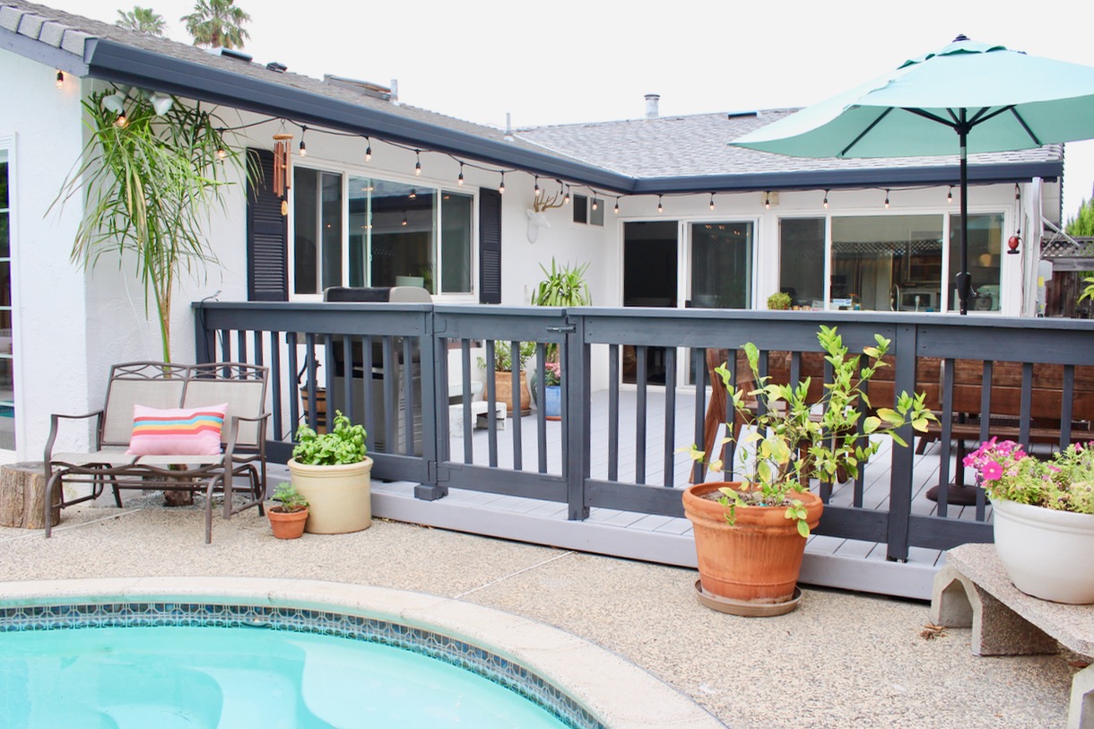 Light grey deck backyard makeover on a budget