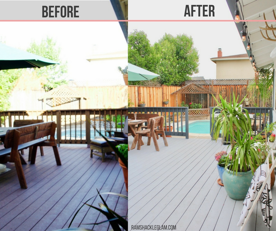 Light grey deck backyard makeover on a budget