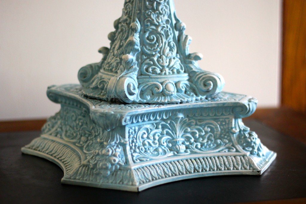 large wrought iron base lamp with translucent blue glass panels