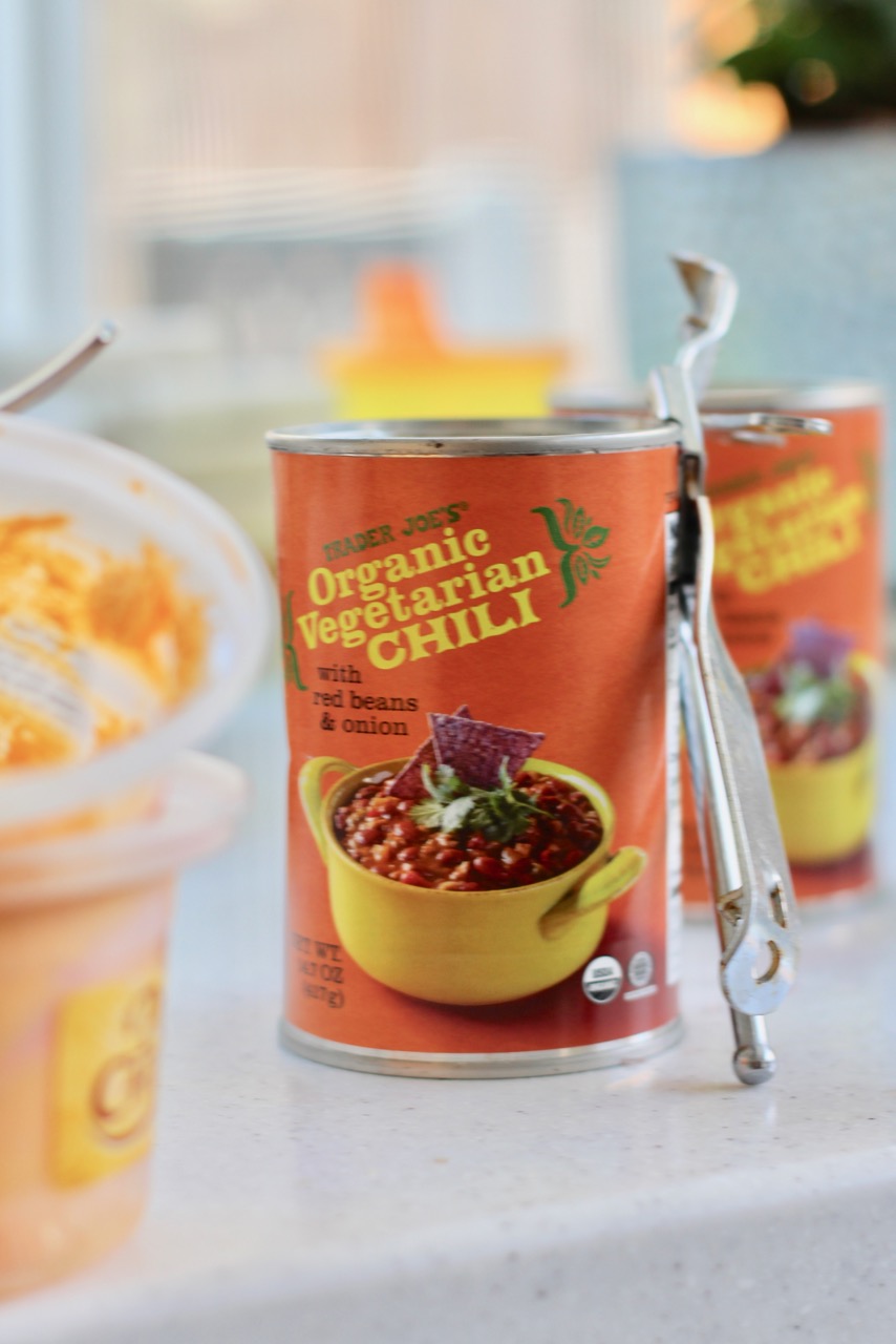 vegetarian chili and Trader Joe's pub cheese