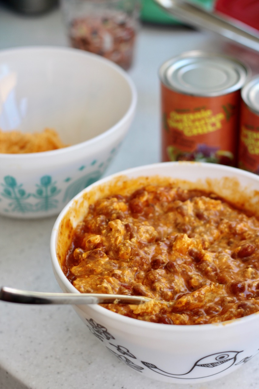 vegetarian chili and Trader Joe's pub cheese
