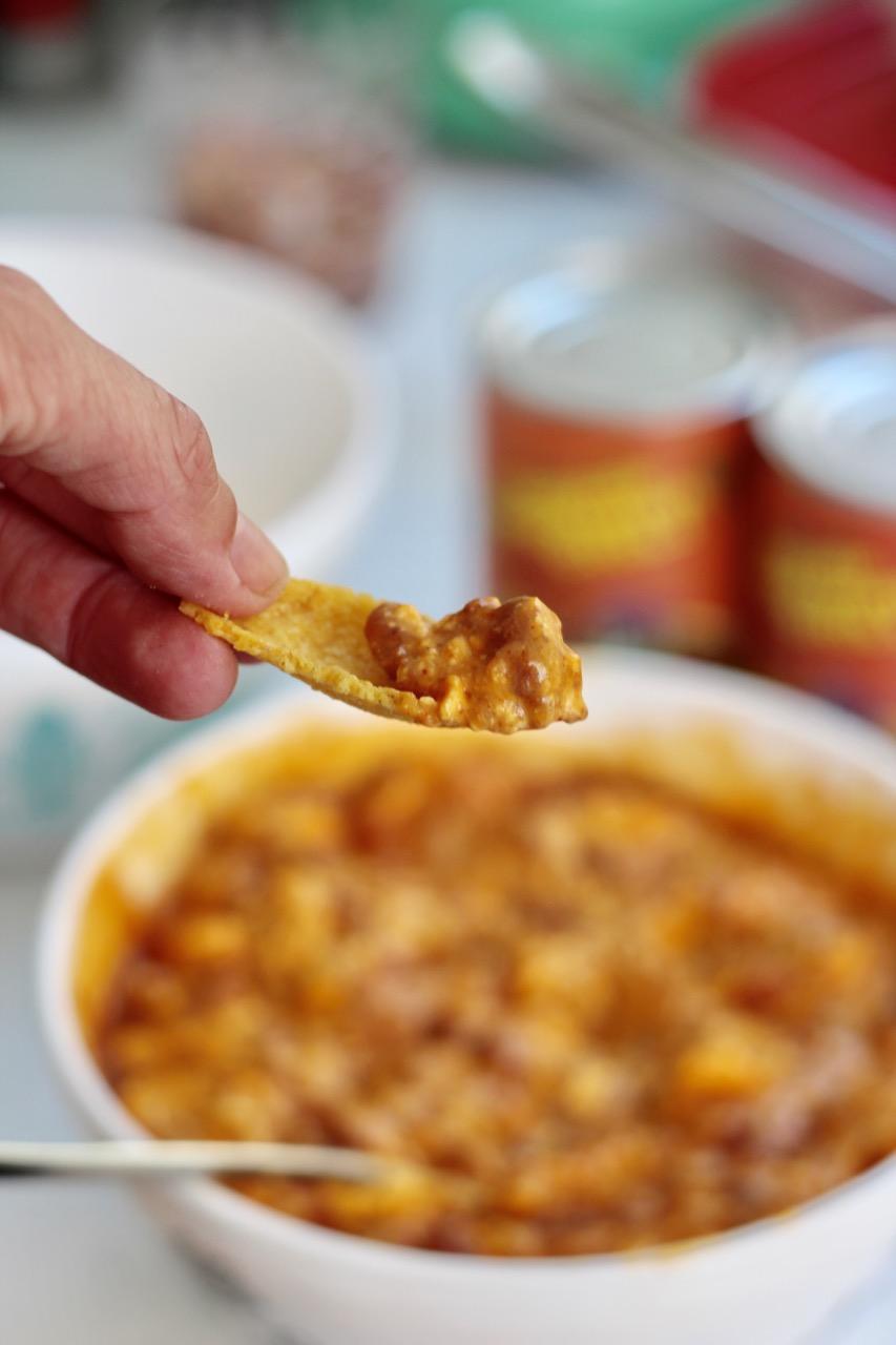 vegetarian chili and Trader Joe's pub cheese