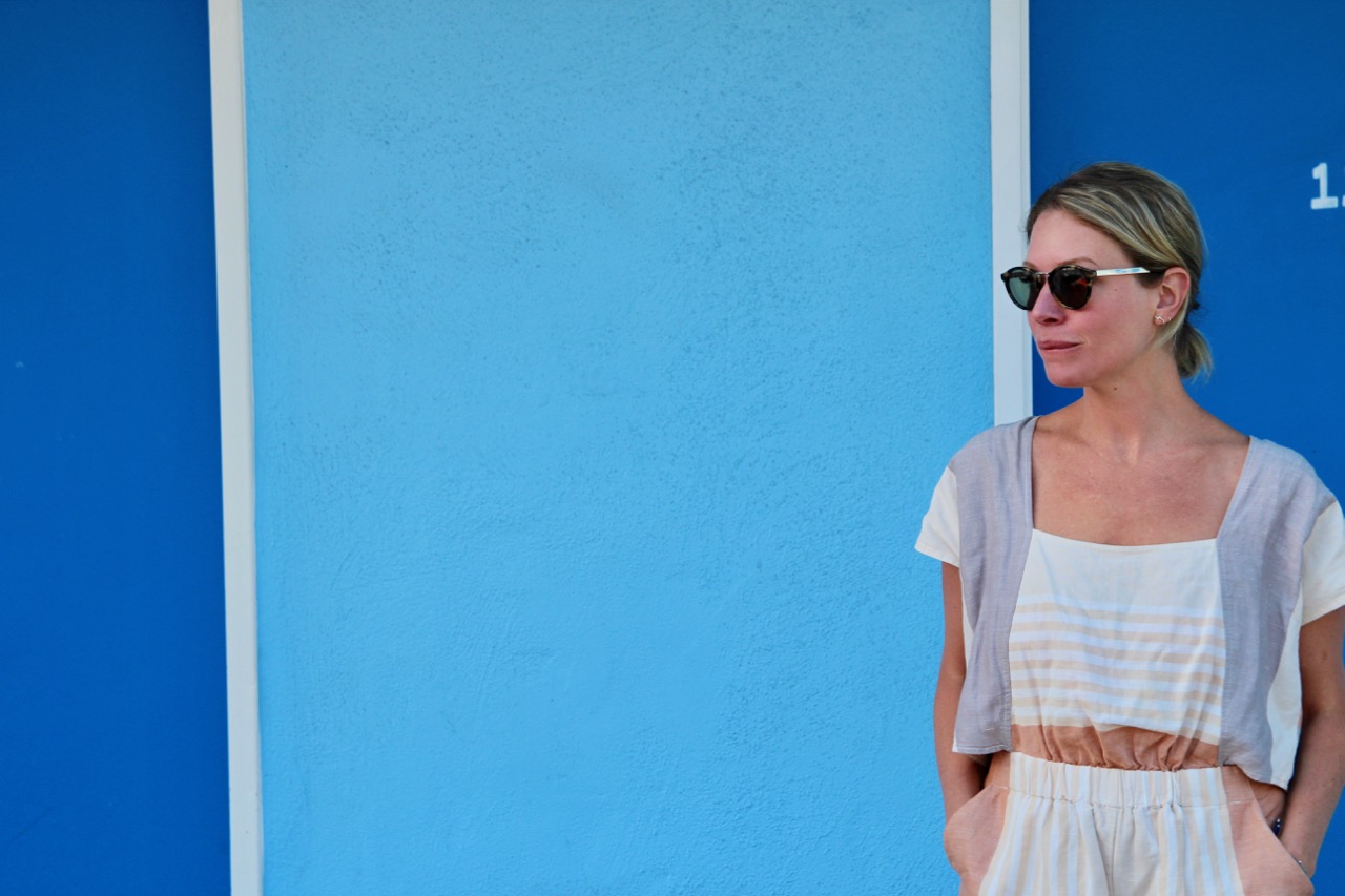 striped linen romper from anthropologie