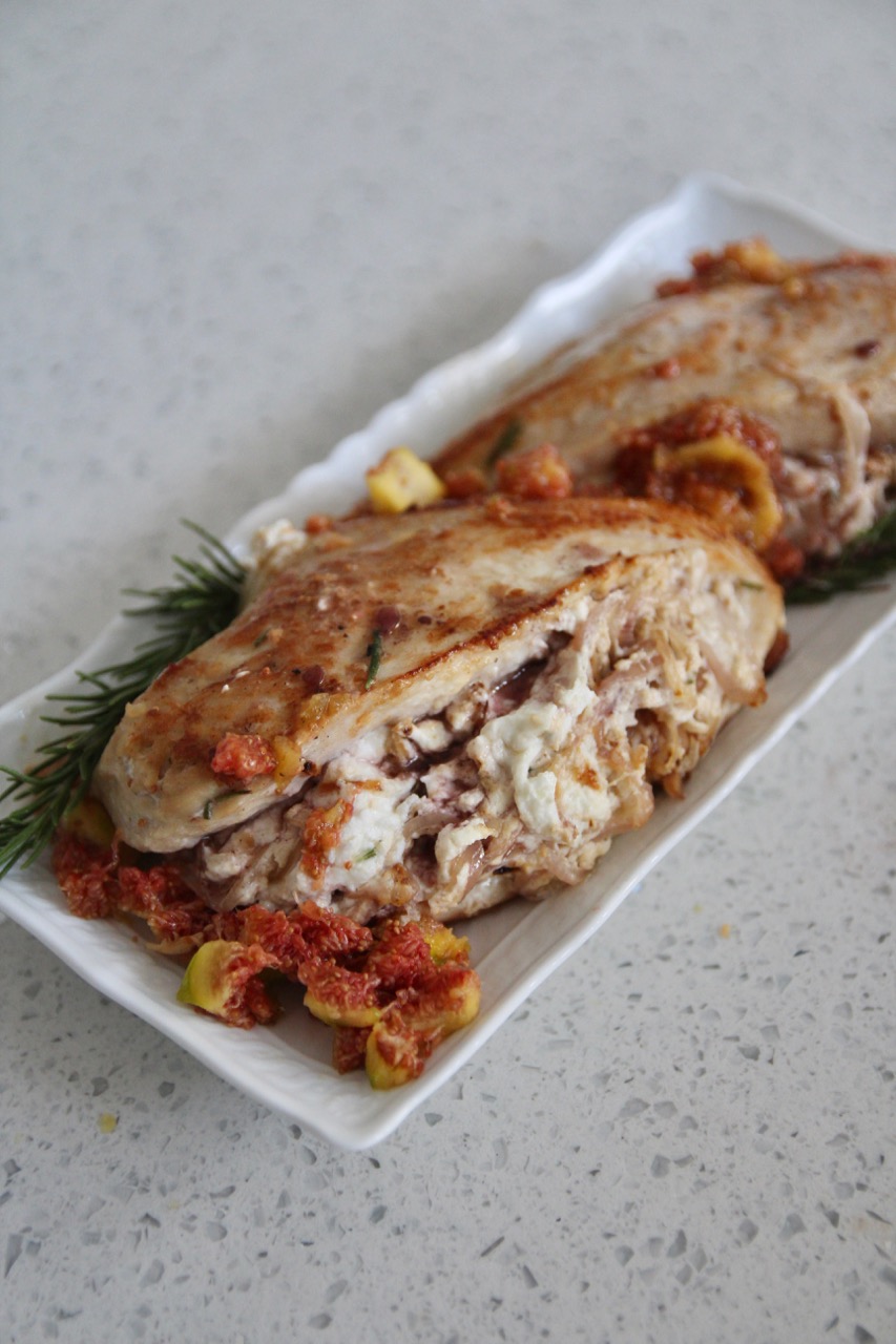baked chicken with goat cheese, shallots and figs