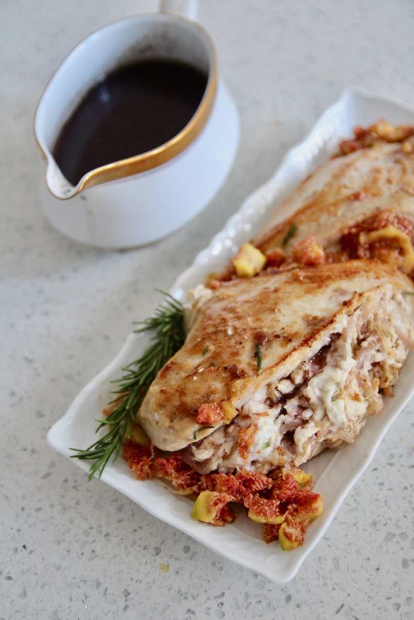 baked chicken with goat cheese, shallots and figs