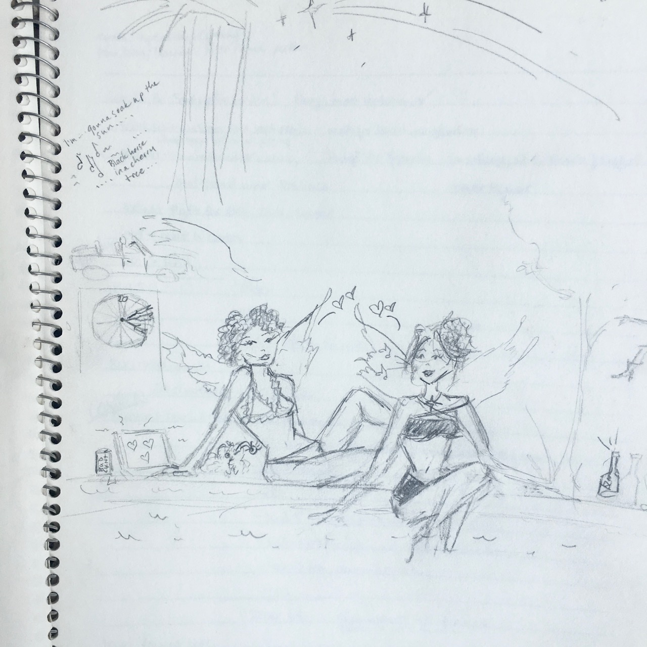 black and white illustration of girls sitting by pool