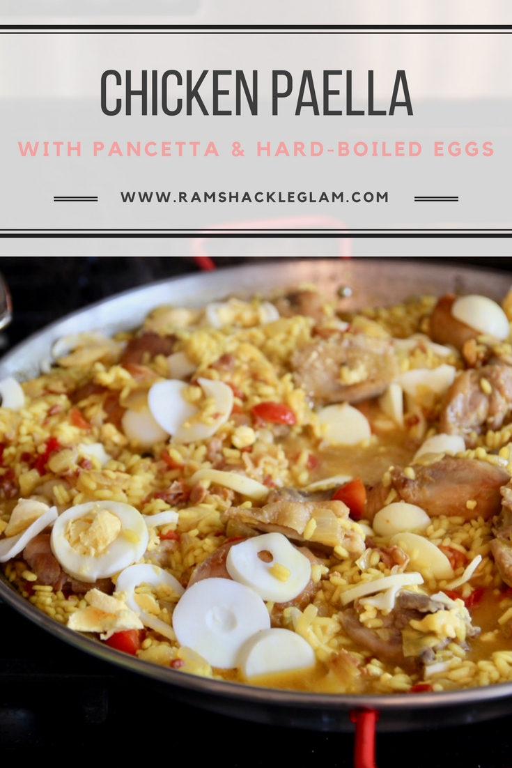 chicken paella with pancetta and hard boiled eggs