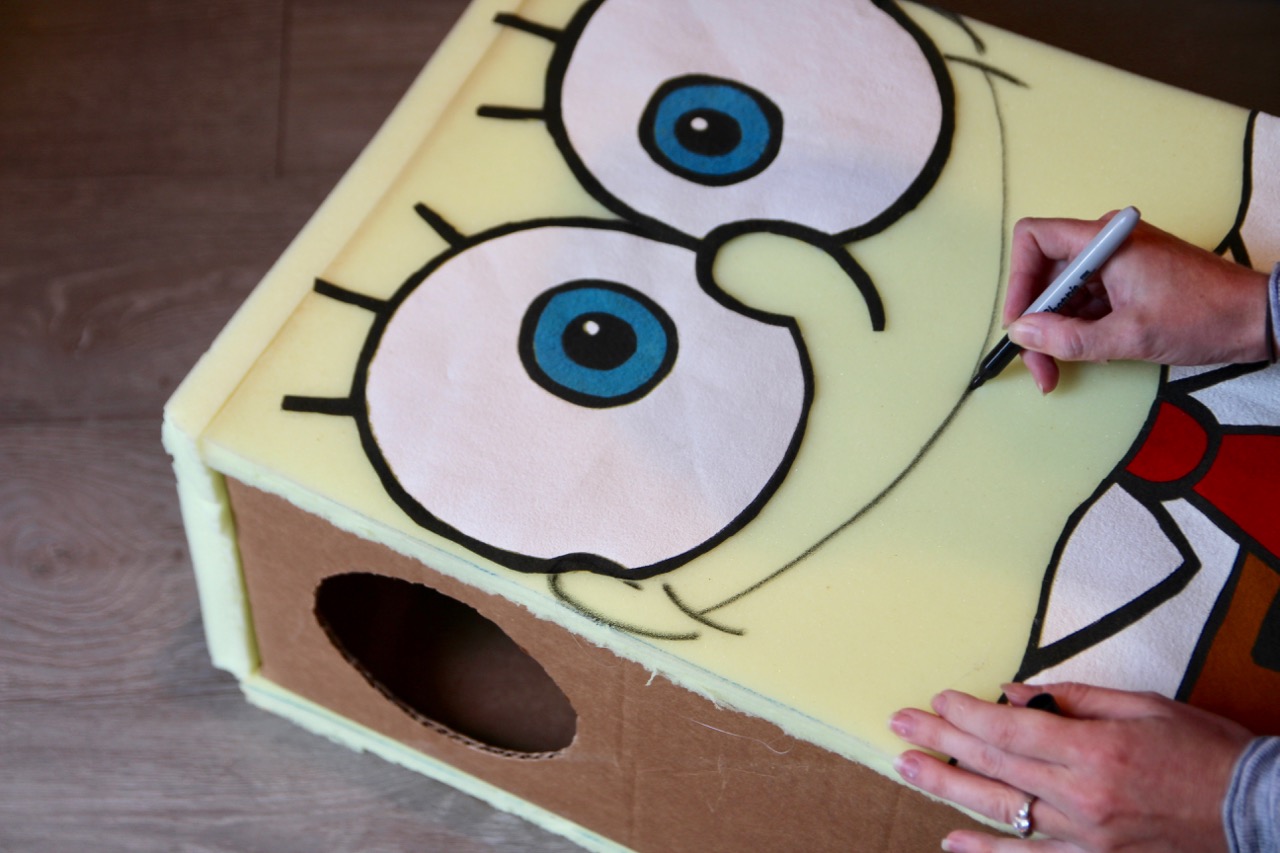 spongebob squarepants costume made with a box and foam
