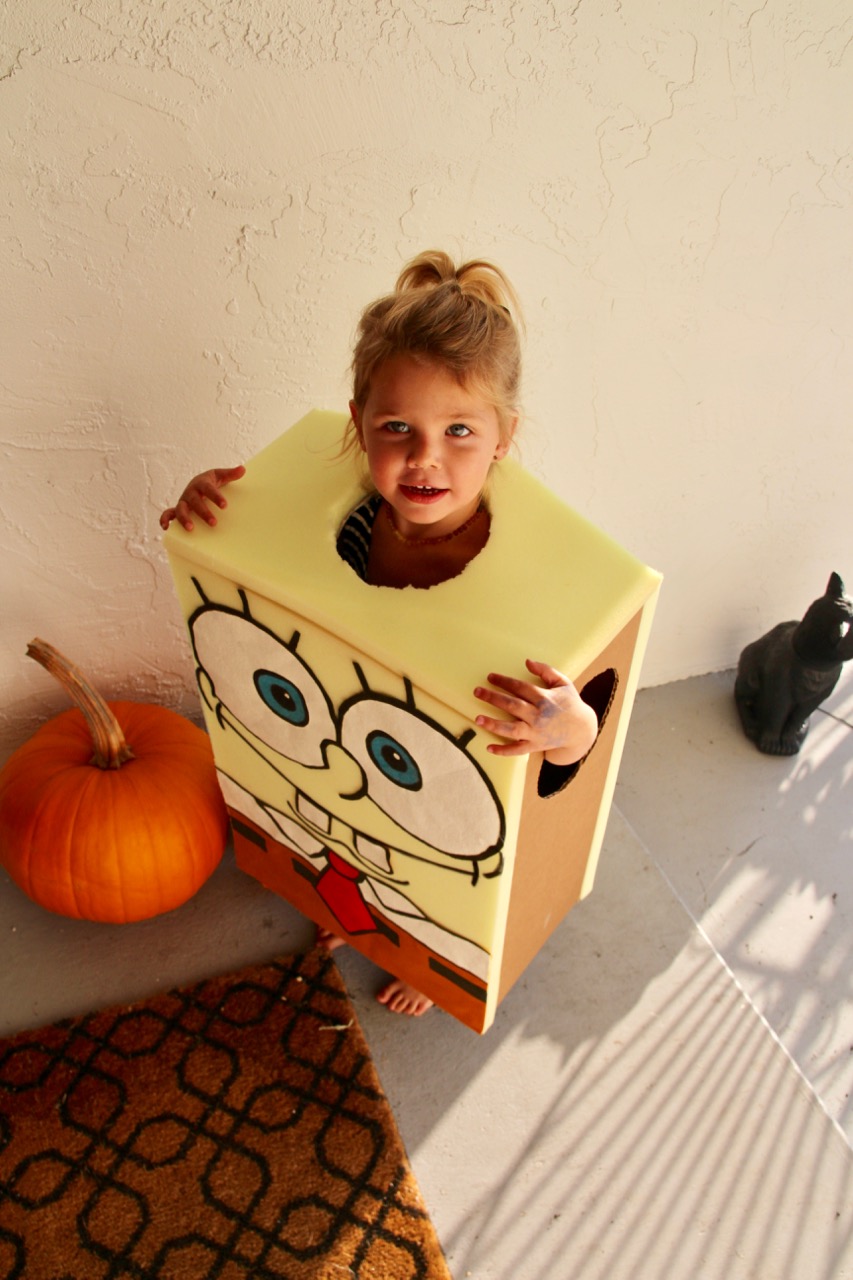 spongebob squarepants costume made with a box and foam