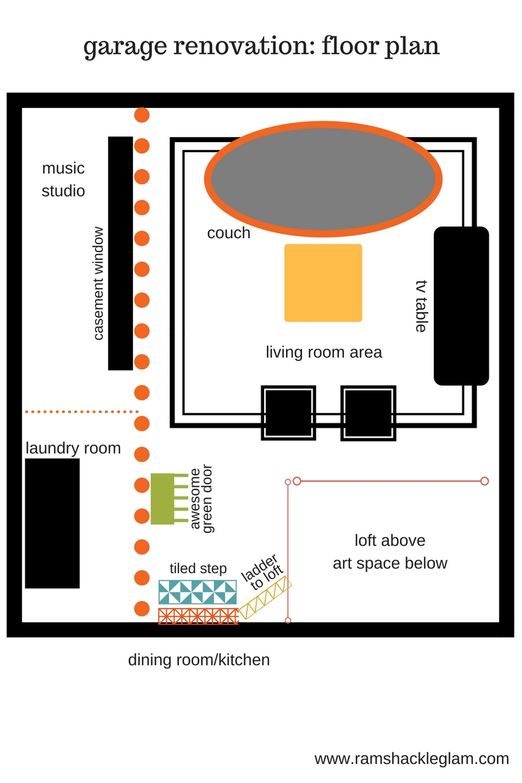 floor plan to make a garage into a rec room and office