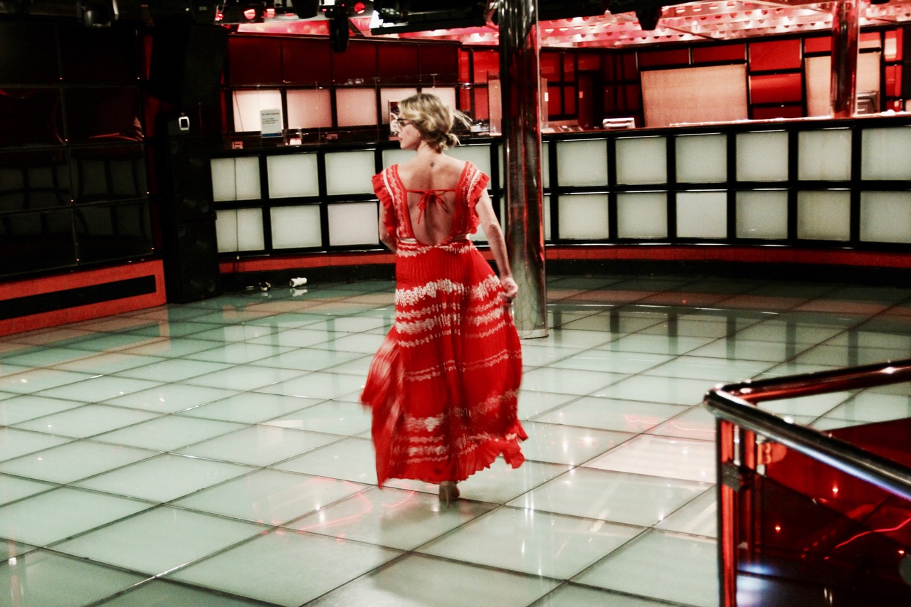 red floor length self portrait dress with ruffles