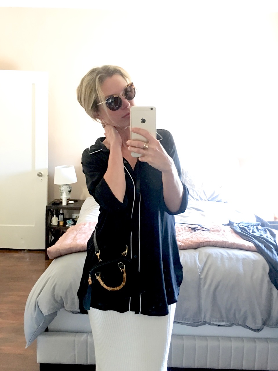 black pajama top with white pinstripes