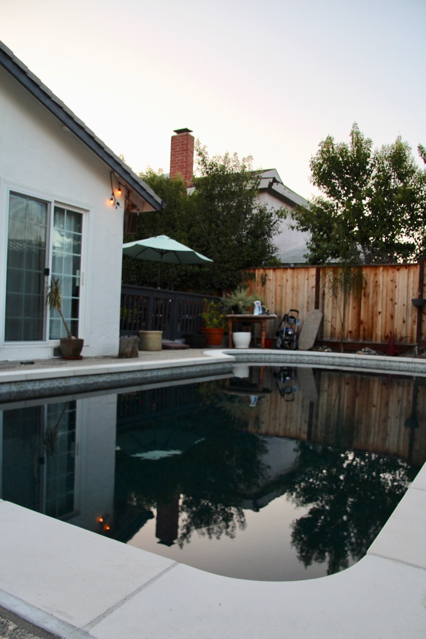 dark blue pool with Baja shelf and pebbletec