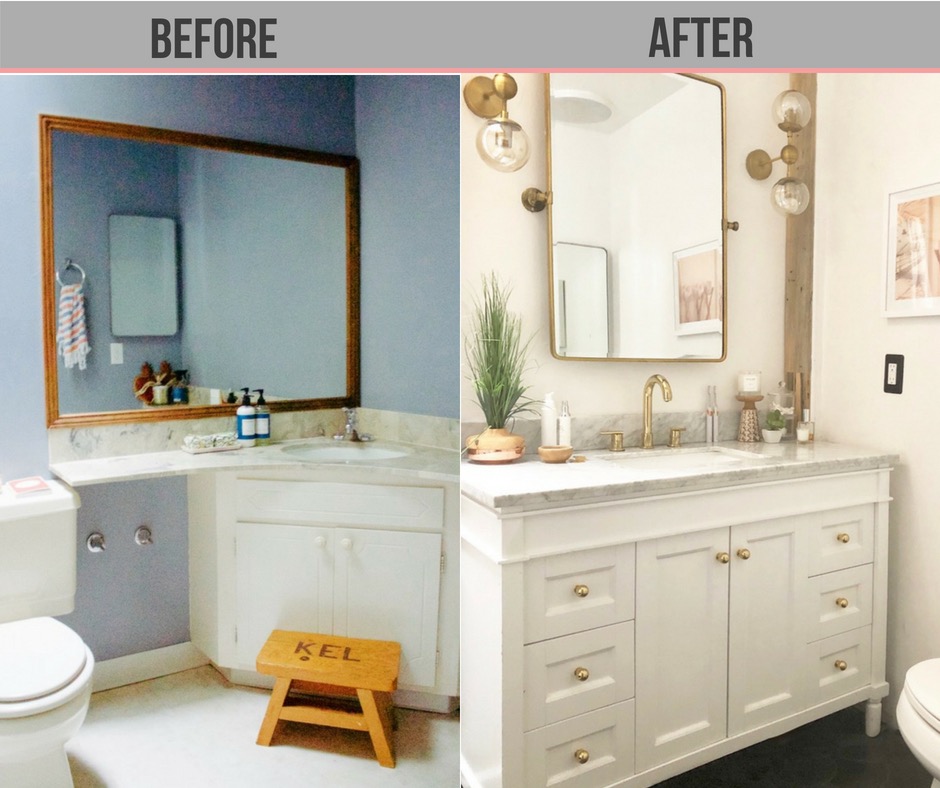 bathroom renovation with black fish scale tile and gold fixtures