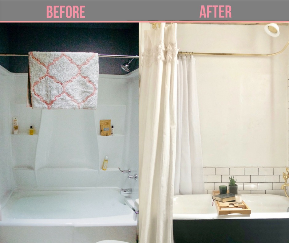 bathroom renovation with black clawfoot tub and gold fixtures