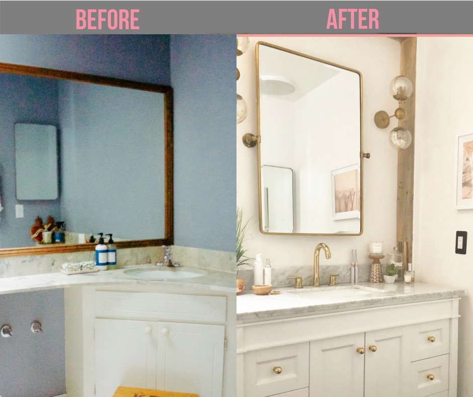 gold fixtures and wood details in bathroom