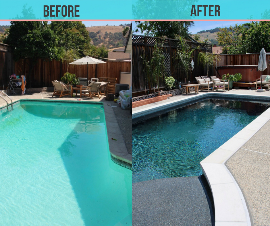 dark blue pool with Baja shelf and pebbletec