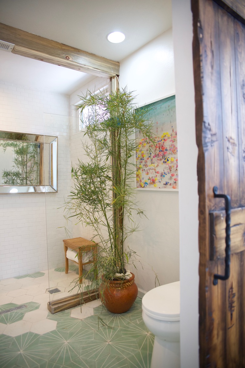 bathroom renovation with thermostatic shower panel and mint tile