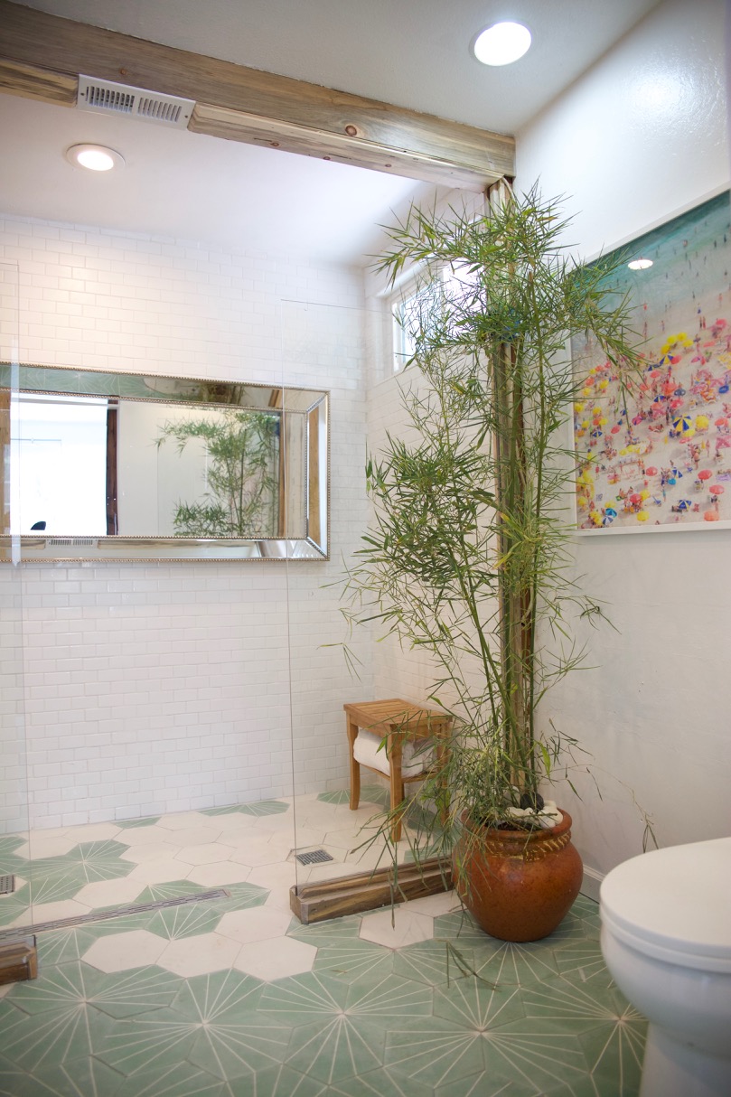 bathroom renovation with thermostatic shower panel and mint tile