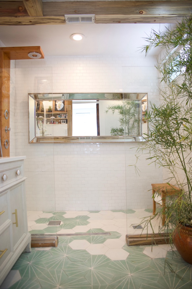 bathroom renovation with thermostatic shower panel and mint tile