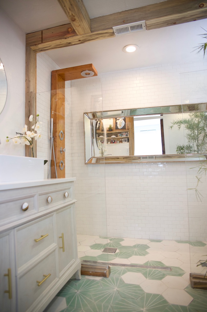 bathroom renovation with thermostatic shower panel and mint tile